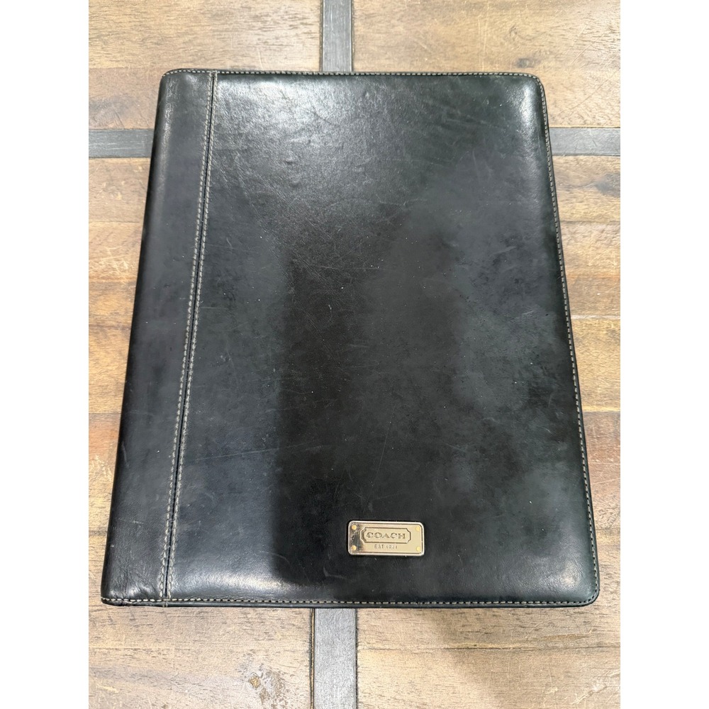 Coach Black Leather Portfolio Organizer Planner Padfolio Vintage Logo Plaque